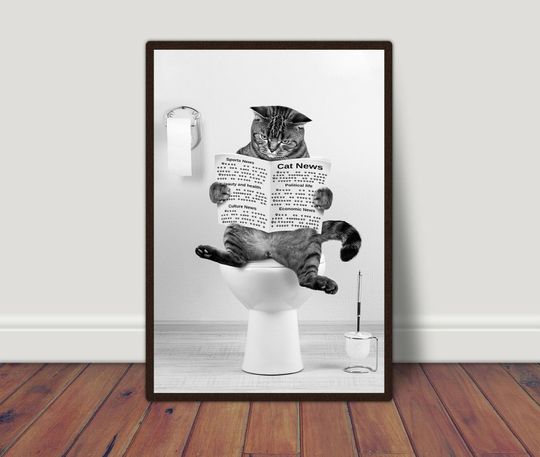 Discover Funny Cat Reading Newspaper Wall Art Poster, Custom Cat, Funny Bathroom Poster