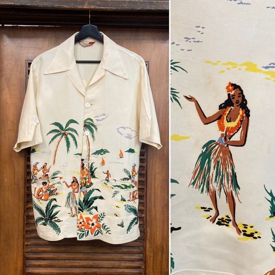 Discover Vintage 1940s McGregor Rayon Hula Natives Border Hawaiian Shirt