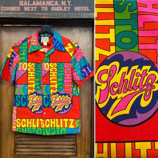 Discover Vintage 1960s Schlitz Gusto Pop Art Tiki Cotton Hawaiian Shirt