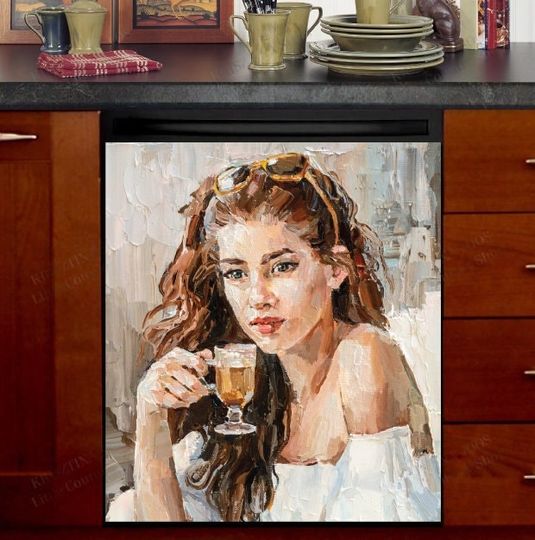 Discover Beautiful Girl Drinking Coffee Dish Washer Covers