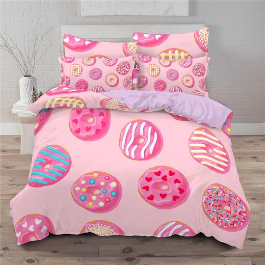 Discover Girl Pink Bedding Set Twin Kid Child Teen Cute Donuts Print Duvet Cover Set, Dessert Lovely Cartoon Food Theme Funny Decor
