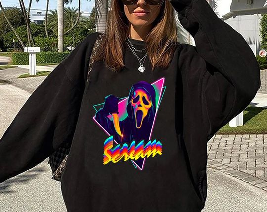 Discover Ghostface Scream Neon Sweatshirt, Halloween Ghost Sweatshirt, Horror Movie Sweatshirt