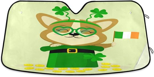 Discover St.Patrick Day Corgi Front Windshield Sunshade Foldable Sun Visor