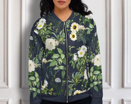 Discover Wildflower Navy Blue Bomber Jacket, White and Blue Bomber Jacket
