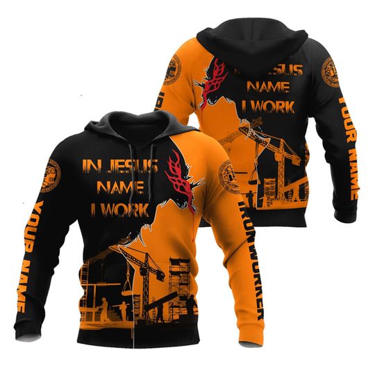 Discover Men's 3D Hoodie, Personalized Ironworker In Jesus Name I Work 3D Pullover All Over Print Hoodie