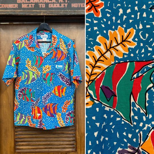 Discover Vintage 1980s Jams New Wave Cotton Tiki Atomic Fish Hawaiian Shirt