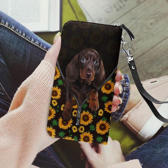 Discover Sunflower Dachshund Leather Wallet