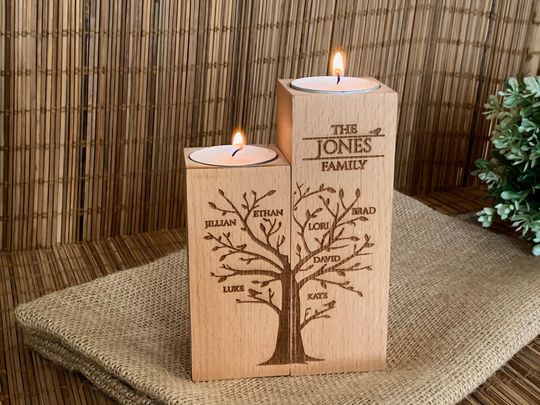 Discover Personalized Family Tree Wooden Tealight Candle Holder Custom Name