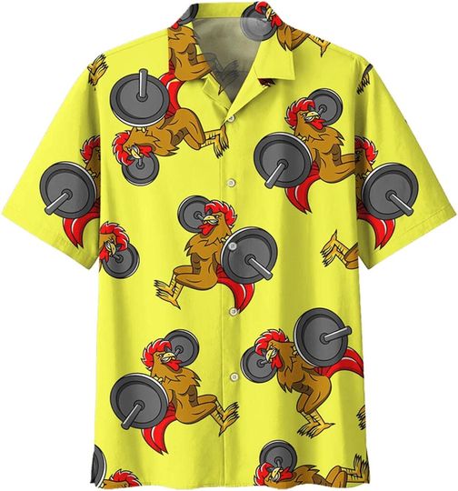 Discover Weight Lifting Chicken Rooster Strong Pattern Yellow Background Hawaiian Shirts