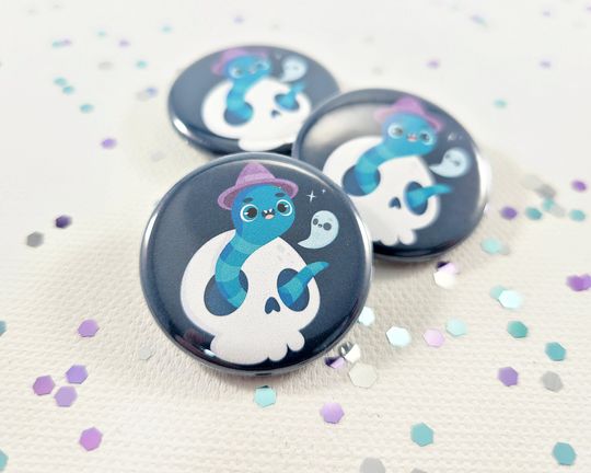 Discover Worm in Skull Button, Halloween Pin Button