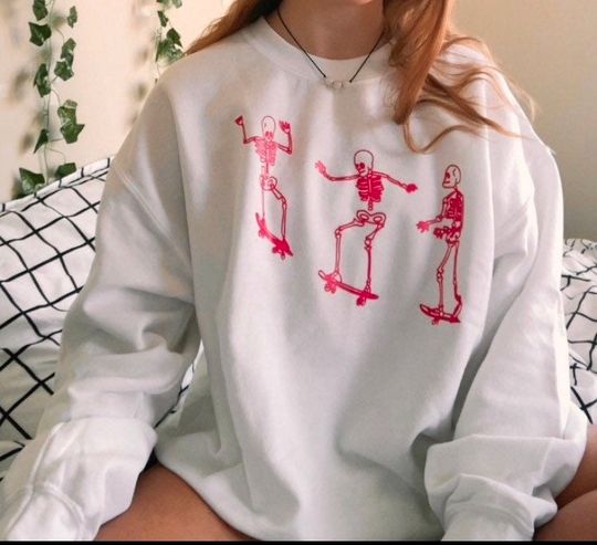 Discover Preppy, Aesthetic, Crew Neck Sweatshirt with Pink Skateboarding Skeleton Sweatshirt