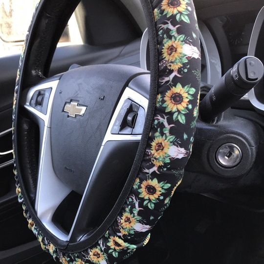 Discover Bull Skull with Sunflowers Steering Wheel Cover