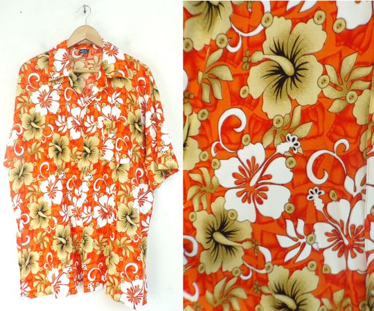 Discover 90s Orange Tan & White Floral Hawaiian Shirt