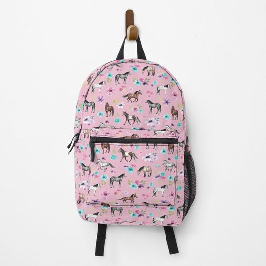 Discover Horses and Flowers on Pink, Equestrian Art, Horse Decor, Cowgirl, Horse Pattern Backpack