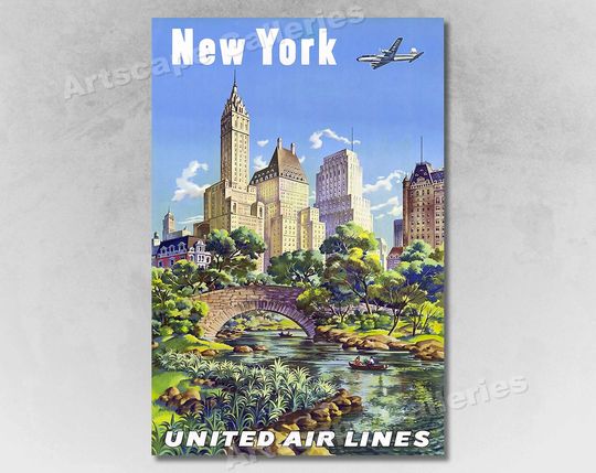 Discover New York Central Park 1950s Vintage Style Airline Travel Poster