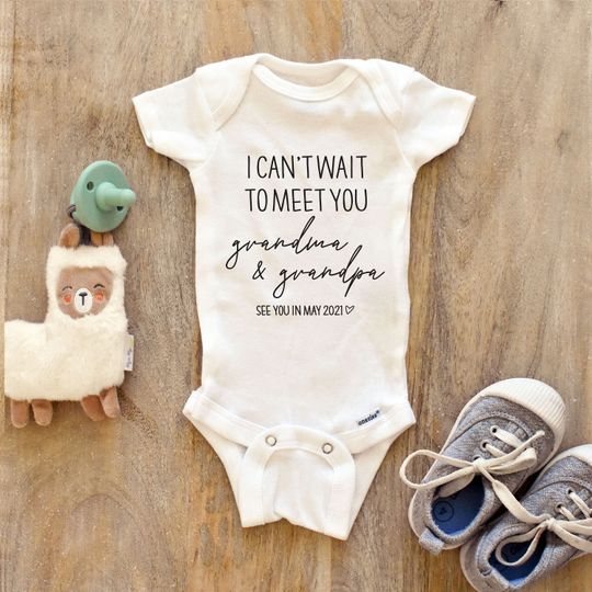 Discover I can't wait to meet you grandpa and grandma see you soon Onesie, Baby Onesie