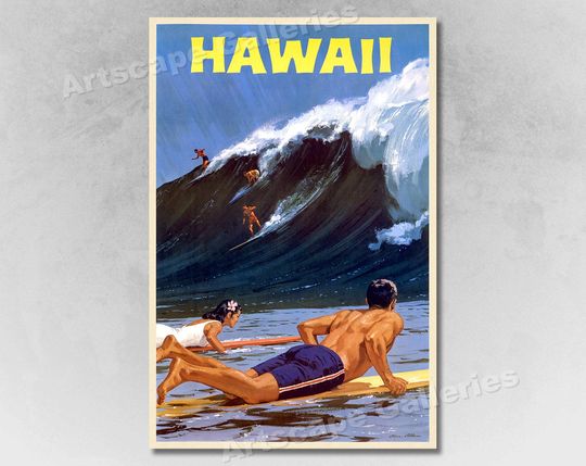 Discover 1950s Hawaii Surfing Vintage Style Travel Poster - Big Wave Surfing