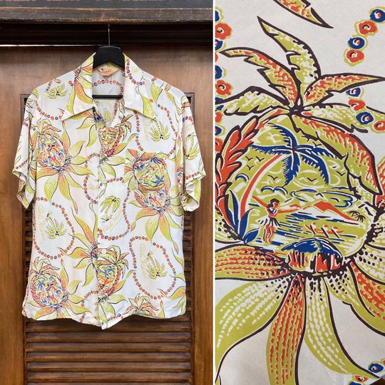 Discover Vintage 1940s Hula Girl Cartoon Tropical Rayon Hawaiian Shirt