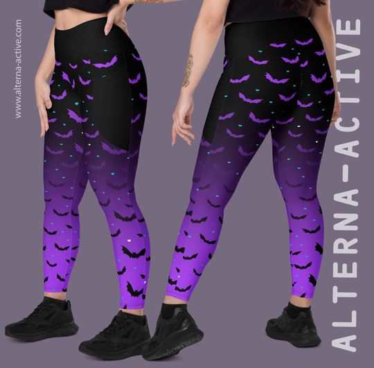 Discover Purple Spooky Ombr Bat Print Full Length Gym Yoga Leggings with Pockets