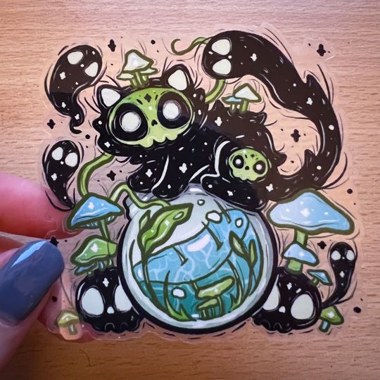 Discover Carl the Mythical Cat Spirit with Mushrooms Transparent Sticker