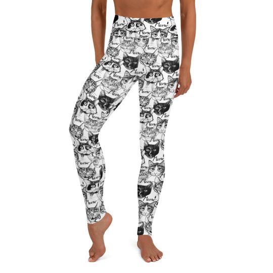 Discover Womens Black and White Cat Print Yoga Leggings