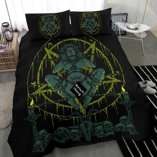 Discover Skull Demon Satanic Baphomet Goat Satanic Pentagram Chain To Sin And Lovin It Bedding Set