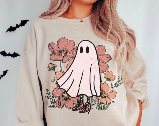Discover Vintage Floral Ghost sweatshirt, cute woman Halloween sweater