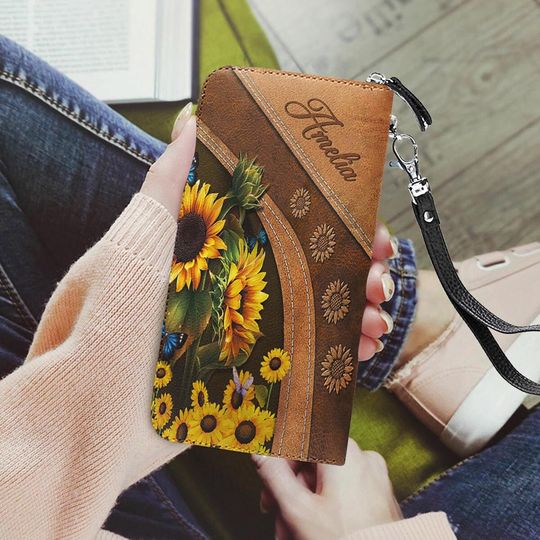 Discover Personalized Blue Butterfly Sunflower Leather Wallet