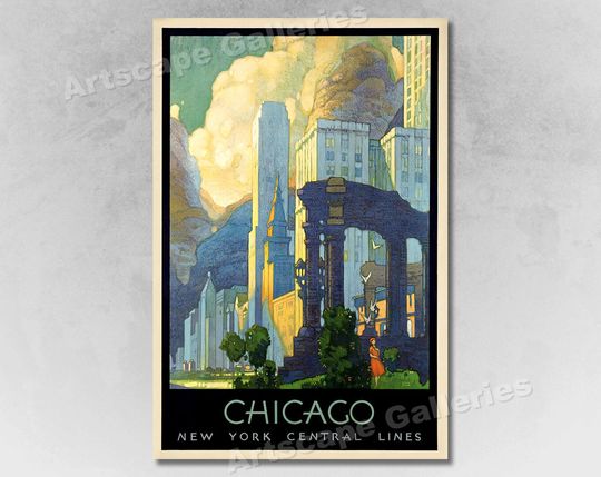 Discover 1920s Art Deco Chicago Vintage Style NY Central Line Travel Poster