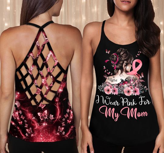 Discover My Mom Ribbon Pink Breast Cancer Awareness Criss Cross Tank Top