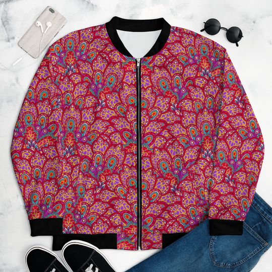 Discover Floral Bohemian Bomber Jacket; Vintage Style; Red Bomber Jacket for Men/Women