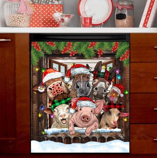 Discover Christmas Greetings from The Barnyard Animals Dishwasher Cover