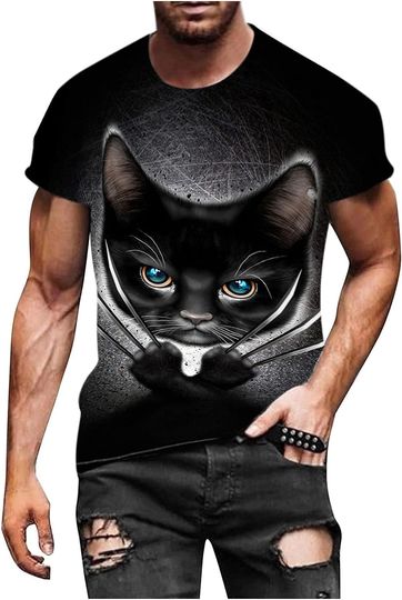 Discover Men's Muscle Fitness Short Sleeve 3D Black Cat Print Personalized Fashion T-Shirt Casual Crewneck Street Tees Shirts
