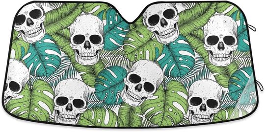 Discover Skull and Tropical Plants Front Windshield Sunshade Foldable Windshield Sunscreen
