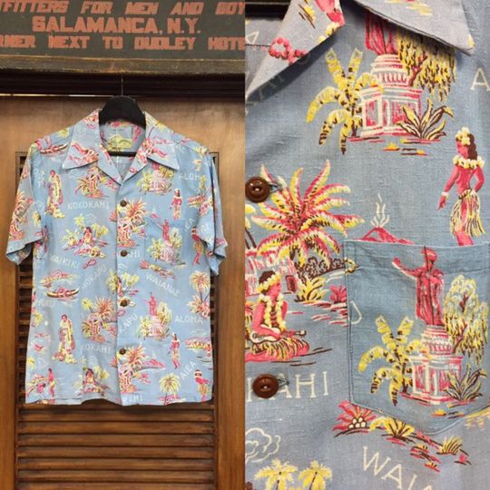 Discover Vintage 1940s Surfriders Label Hula Girl Design Rayon Hawaiian Shirt