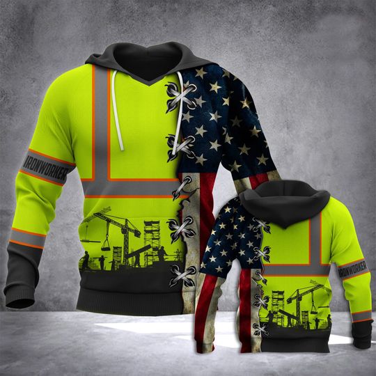 Discover Men's Ironworker In The Construction US Flag 3D Protection Pullover All Over Print Neon Green Hoodie