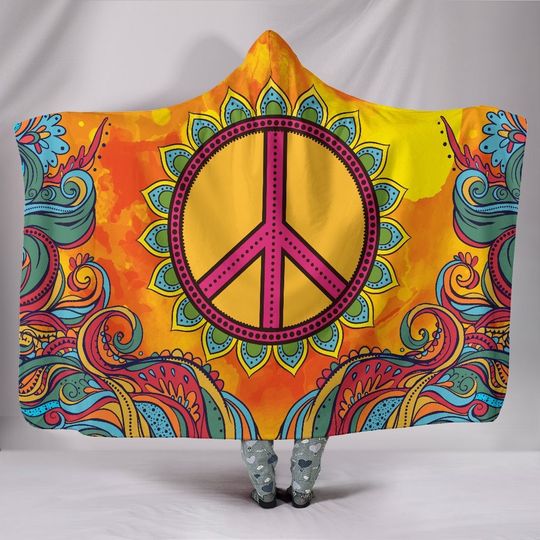 Discover Peace Hippie Hooded Blanket, Adult-Kids Sherpa Hooded Blanket