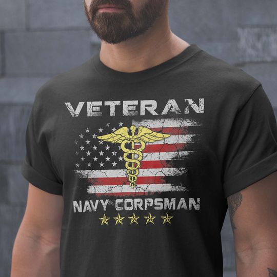 Discover Proud Veteran Navy Corpsman American Flag US navy T-shirt
