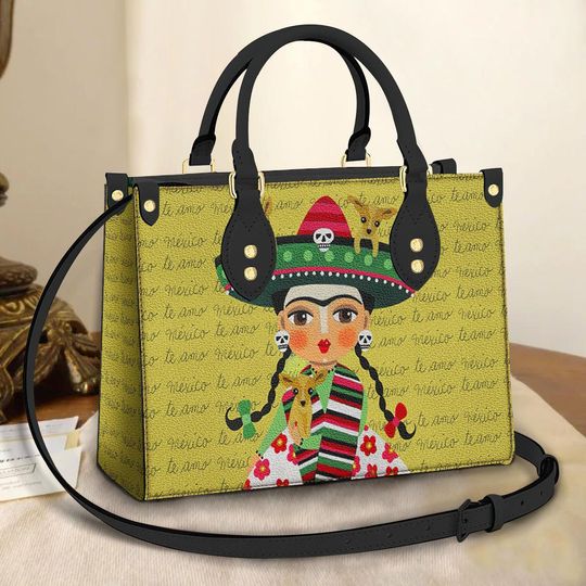 Discover Frida Kahlo with Sombrero and Chihuahuas Leather Bag