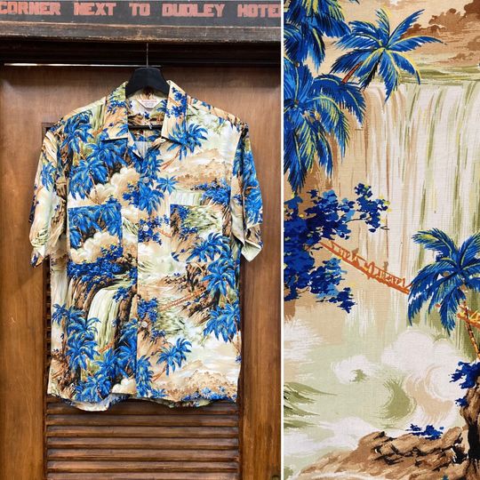 Discover Vintage 1960s Mod Tiki Penneys Style Rayon Loop Collar Hawaiian Shirt