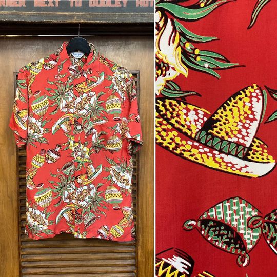 Discover Vintage 1950s Sombrero Fiesta Atomic Rayon Print Hawaiian Shirt