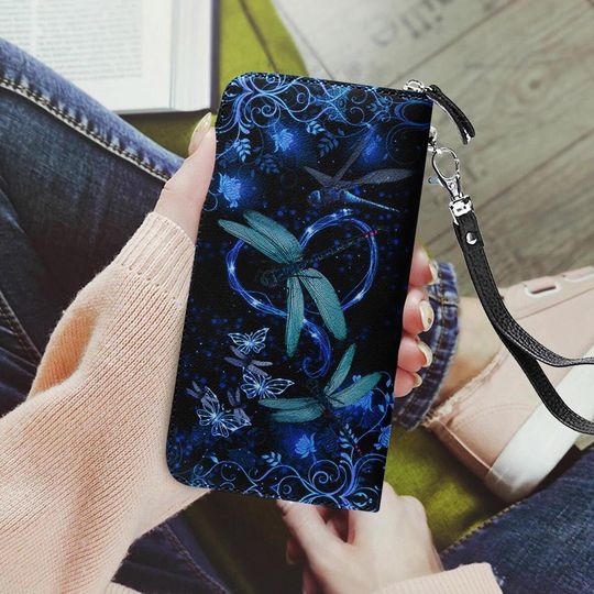 Discover Blue Heart Twinkle Dragonfly Leather Wallet