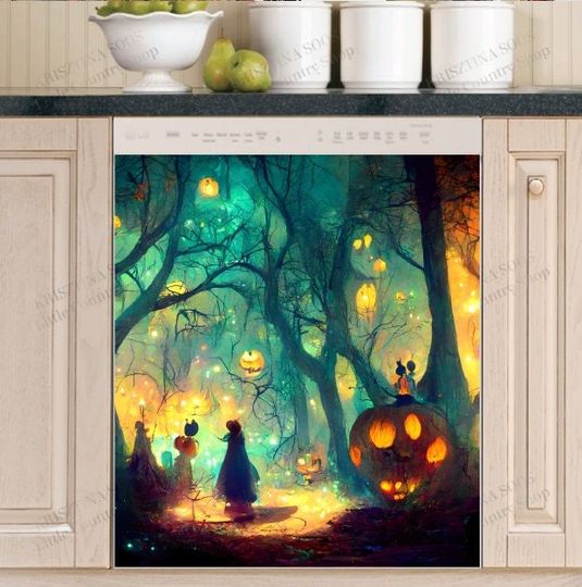 Discover Halloween Witches and Pumpkins in a Magical Forest Dishwasher Cover