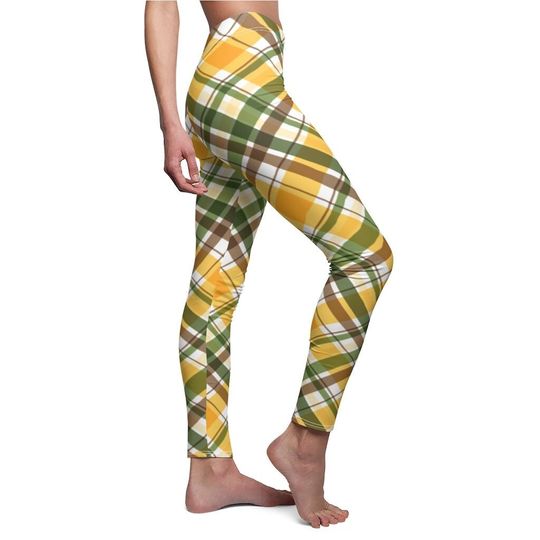 Discover Yellow Green Plaid Leggings, Fall Leggings