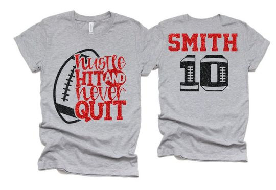 Discover Glitter Football Shirt - Hustle, Hit and Never Quit | Spirit Wear
