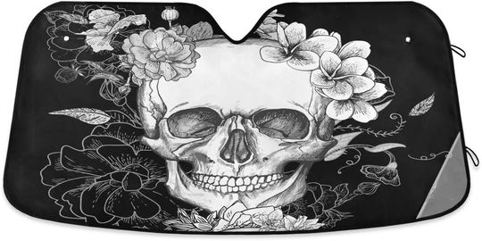 Discover Skull Rose White Front Windshield Sunshade Foldable Windshield Sunscreen