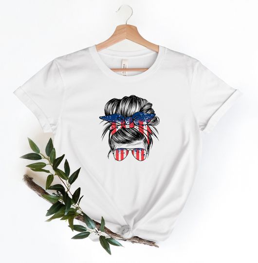 Discover USA Messy Bun Hair Shirt,American flag mom bun, 4th of July Shirt, American Girl Shirt