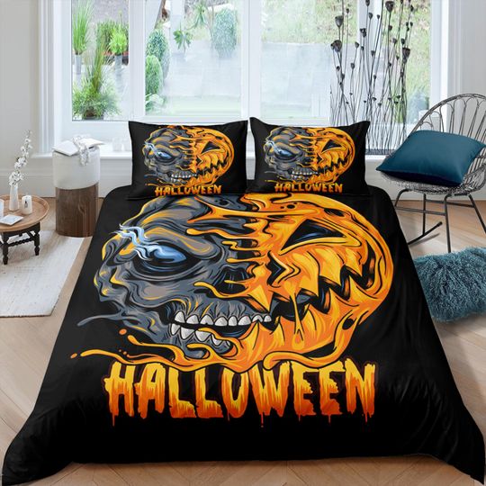 Discover Spooky pumpkin zombie face off Halloween Bedding Set