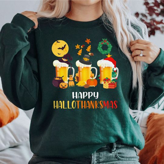 Discover Beer Glasses Sweatshirt, Happy Hallothanksmas Beer Glasses Sweatshirt