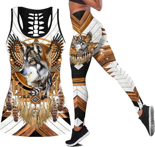 Discover Wolf Animal Tattoo Hollow Tank Top Legging Sets